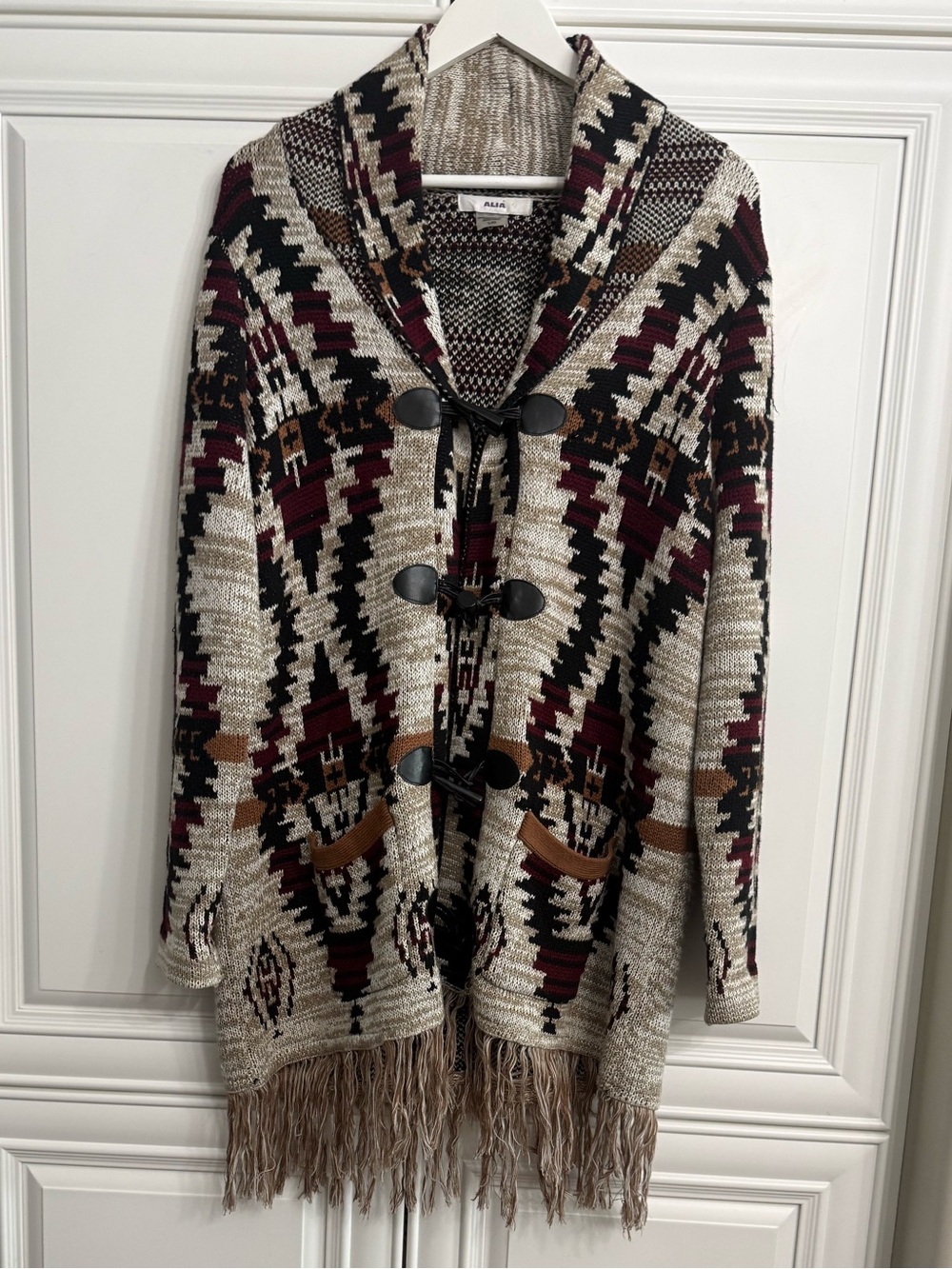 Alia Aztec Print Shawl-Collar Fringe Cardigan Toggles Tan Red Black Size Large